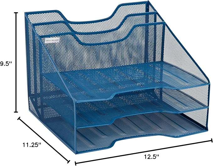 Mind Reader Metal Mesh Desktop File Organizer, 3-Tier Paper Tray with 5 Compartments, Office Mail Sorter, Turquoise