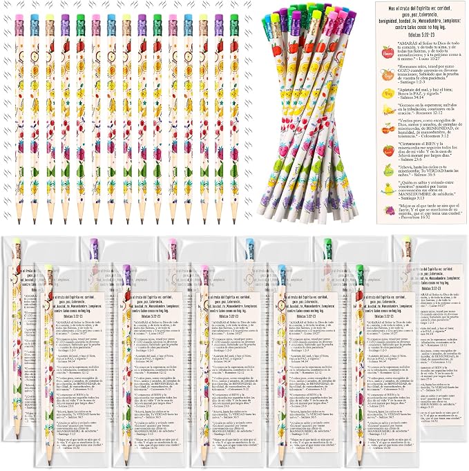 Dunzoom 36 Set Fruits of The Spirit Gift Fruit Scented Pencil with Eraser Christian Bookmark Religious Sunday School Prize Christian VBS Gifts for Church Gift Exchange (Spanish)
