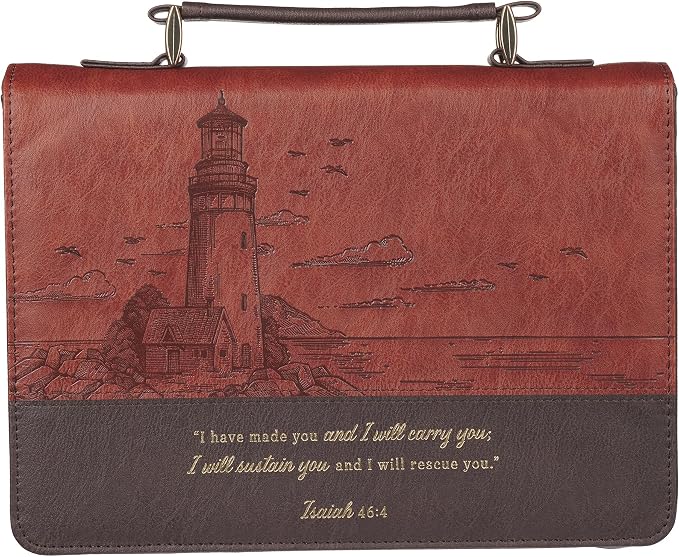 Christian Art Gifts Premium Classic Vegan Leather Inspirational Bible Cover for Men & Women: I Will Carry You Encouraging Golden Scripture, Lighthouse Ocean Theme, Pen Loops, Pockets, Brown, Medium