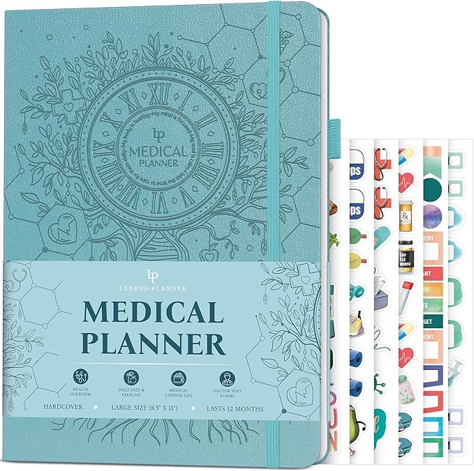 Legend Medical Planner – 12-Month Health Tracker Journal to Track Meals, Symptoms, Blood Pressure, Lab Test Results – Med & Wellness Notebook for Daily Self-Care & Health Goals (Aquamarine)