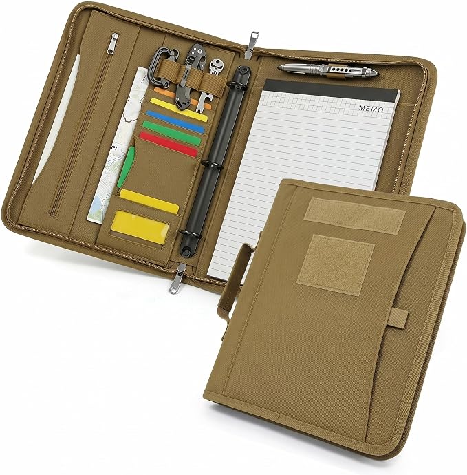 Tactical Notebook Cover, A4 Padfolio with Detachable 3-Ring Ring Binder, Multi-Pocket Organizer & Hand Strap, Zippered Hardcase Planner(Khaki, A4(13.8 x 12 inches))