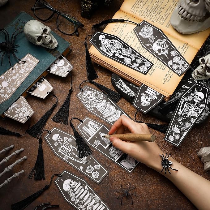 Kolldenn 60 Pcs 12 Styles Gothic Skeleton Coffin Bookmark Horror Bulk Bookmarks Double Sided Book Tracker Skull Gothic Book Marker with Black Tassels for Graduation Teacher Goth Party Favors Gifts