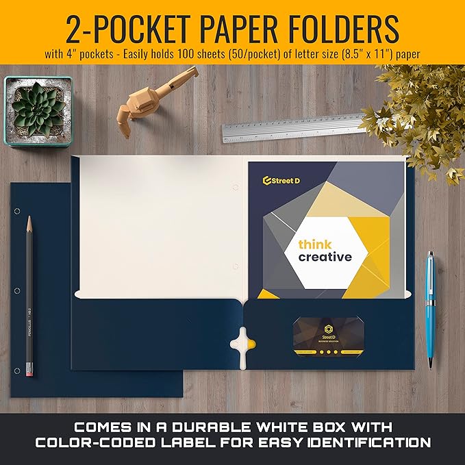 Better Office Products Two Pocket Portfolio Folders, 50-Pack, Navy Blue, Letter Size Paper Folders, 50 Pieces, Dark Blue