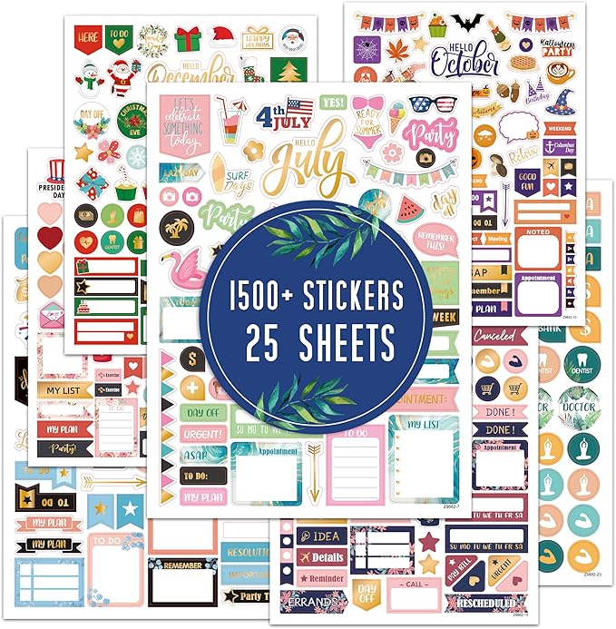Planner Stickers - Monthly Planner Stickers and Accessories 25 Pages 1500 + Stunning Functional and Colorful Designs, Calendar Sticker Includes Festival Theme Journal Sticker