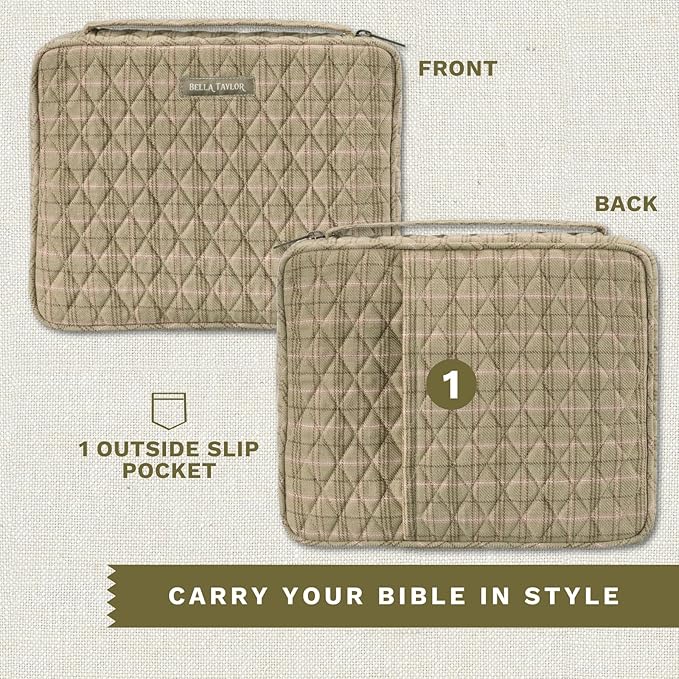 Bella Taylor Quilted Bible Cover for Women - Large Study Bible Case - Willow Plaid