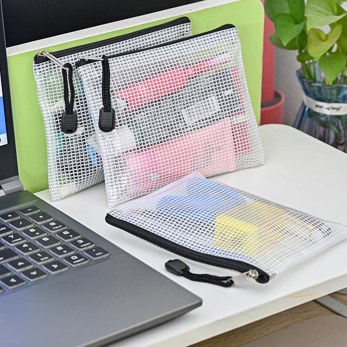 D-KINGCHY 24Pcs Zipper Storage Bags, Plastic Mesh Zippered Pouch for Organization, Waterproof Versatile Bags for Office Supplies School Travel (A6 Size 6.3''x4.7'', Black Zipper)