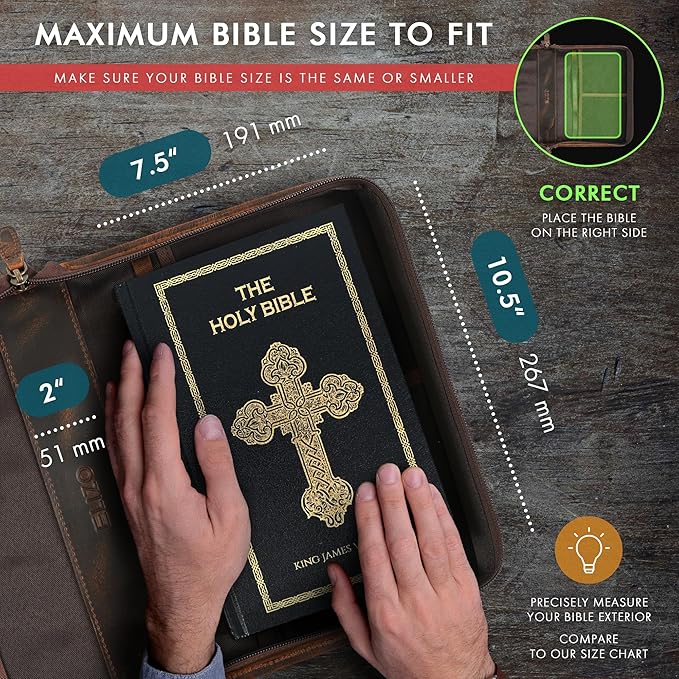 ELIZO Leather Bible Cover Case for Men Women Genuine Leather Bible Bag Holder Cross Large Carrying with Zipper Case Protector Christian Religious Gifts for Mens Timber Study