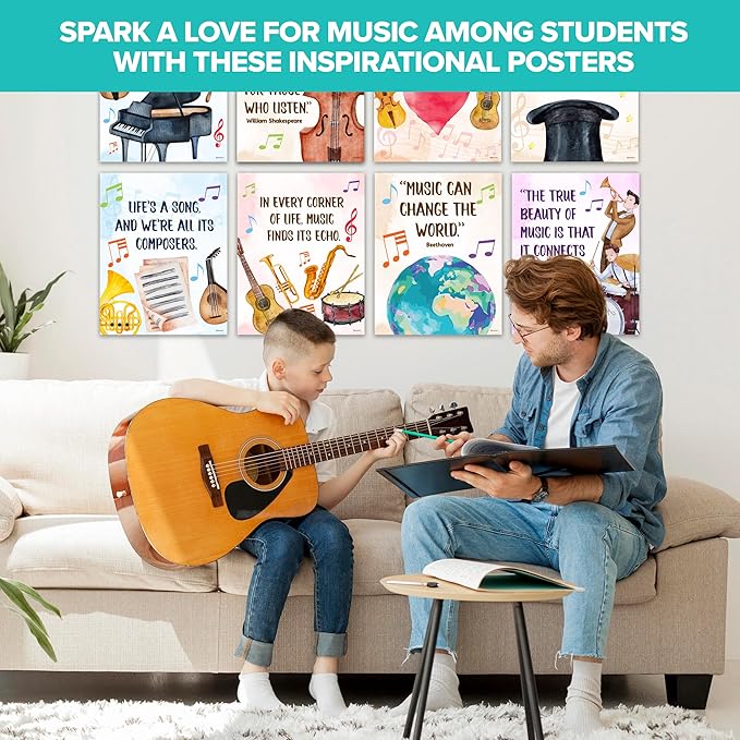 Decorably 15 Music Posters for Classroom Elementary and High School, 11x14in Inspirational Matte-Laminated for Learning Spaces, Hallways, Bulletin Boards, Home Study Room