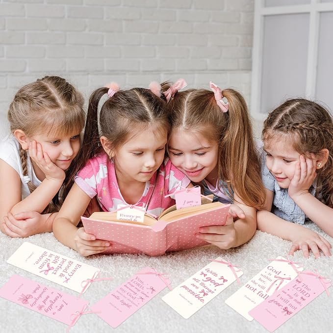 TICIAGA Religious Pink Bow Bookmark - 12PCS Christian Pink Bow Paper Bookmark with Ribbon for Girl Reading Lover, Funny Girl Inspirational Bible Verses Coquette Page Marker for Kids Easter Gifts