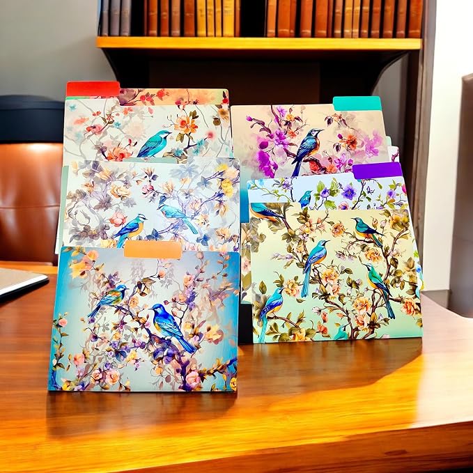 12pcs Decorative File Folders Letter Size, Bird Design Folders, Cute Office Folders with Floral Branches, 1/3 Cut Tab, Waterproof Archival File Folders Colored Decorative File folders