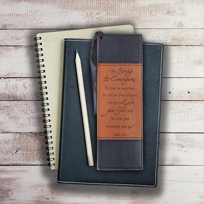Christian Art Gifts Vegan Faux Leather Scripture Bookmark for Men: Strong and Courageous - Joshua 1:9 Inspirational Bible Verse, Heat-Debossed, Faith-Based Reading Accessory with Tassel, Black & Tan