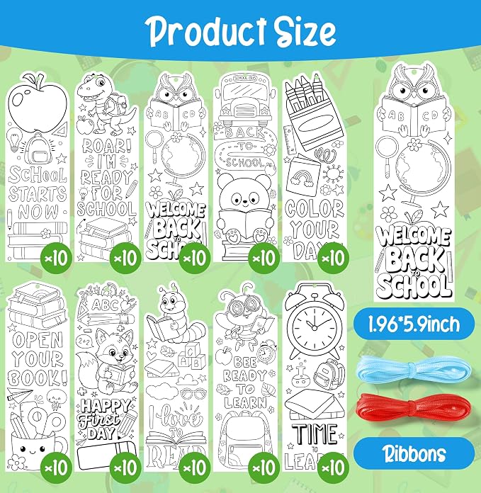 100Pcs Back to School Color Your Own Bookmarks Cute Apple Pencil Bus Animal DIY Coloring Blank Bookmarks with Ribbon Art Crafts Supplies Classroom Rewards Gifts Party Favors for Kids Students Teachers