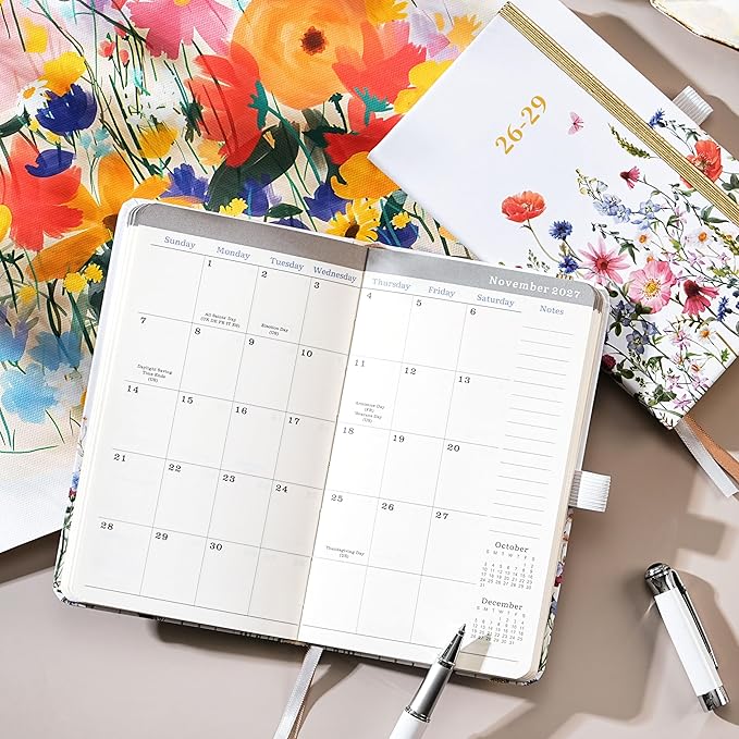 2026-2029 Pocket Calendar - Pocket Planner from Jul. 2026 to Jun. 2029, 3 Year Clendar Monthly Planner 2026-2029, 6.3" x 3.7", 60 Note Pages, Pen Holder, Pockets - Flowers