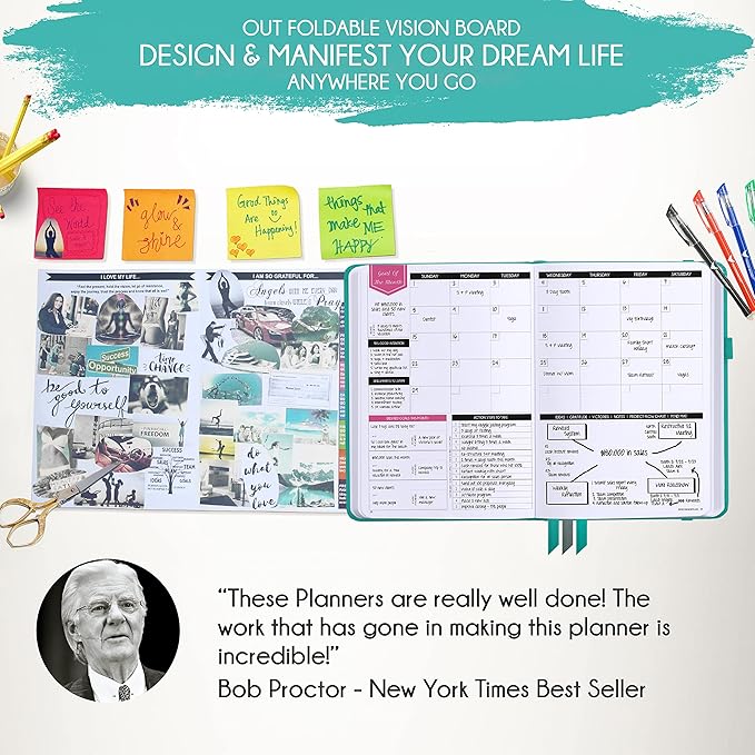 Deluxe Weekly and Monthly Planner | Law of Attraction Planner with Productivity App | 12-Month for Productivity, Gratitude & Goal Setting | Includes Foldable Vision Board, Gift Box & Stickers