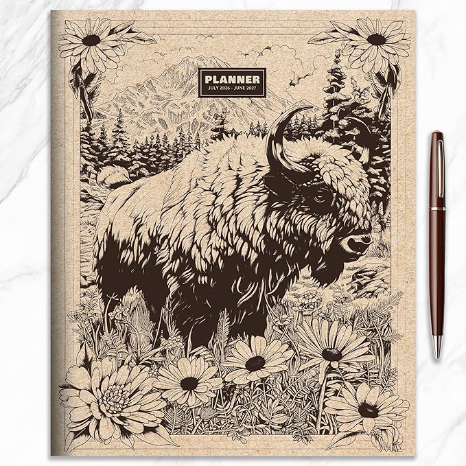 TF Publishing July 2026 - June 2027 Wild Bison Large Monthly Planner with Thick Paper - 12 Month Academic Planner 2026-2027 with 2-Page Spreads, Large Calendar Grids and Prompts - 9 in x 11 in