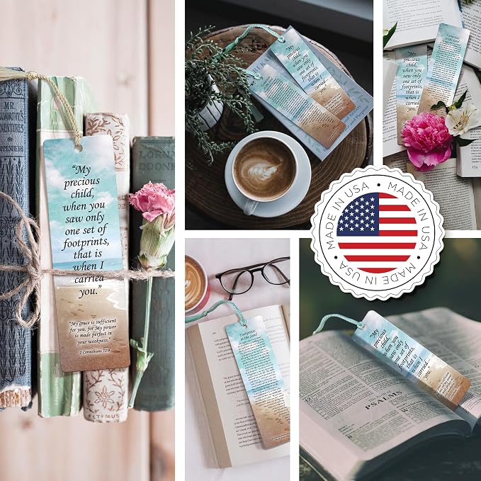 Footprints in The Sand Bookmark - 24 Pack, 2-Sided, Christian Inspirational Bible Book Mark, Bulk Religious Book Markers for Reading, 7.25"x2" (24 Bookmarks)