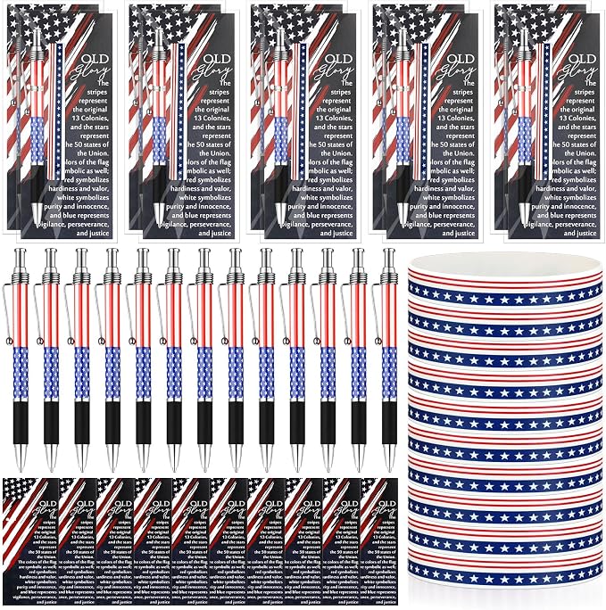Sayglossy 20 Sets/60 Pcs 4th of July Party Favors 250th Anniversary Flag Ballpoint Pens Silicone Wristband Bookmarks Patriotic Souvenir for 1776-2026 Commemorative Memorial Veteran Independence