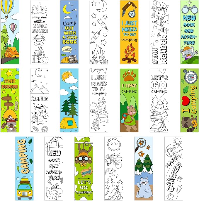 ANGOLIO 123P Camping Color Your Own Bookmarks for Kids Summer Funny Camping Tent Jungle Animal Campfire DIY Coloring Blank Book Markers for Teacher Student Classroom Art Crafts Birthday Party Supplies