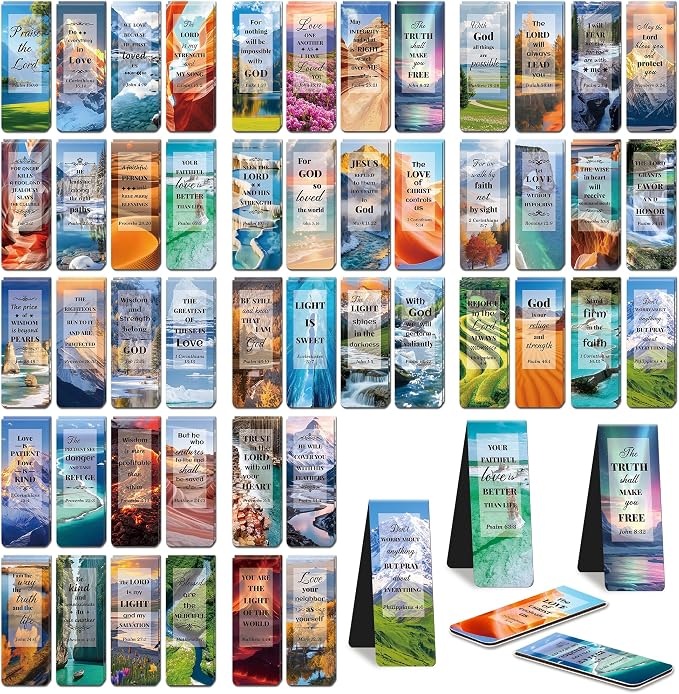 48Pack Magnetic Bookmarks Bible Bookmark Christian Bookmarks Bulk Book Marks for Reading Women Men Adults Kids Book Lovers Gifts, Cute Personalized Religious Magnet Bookmark Clips (Scenery)
