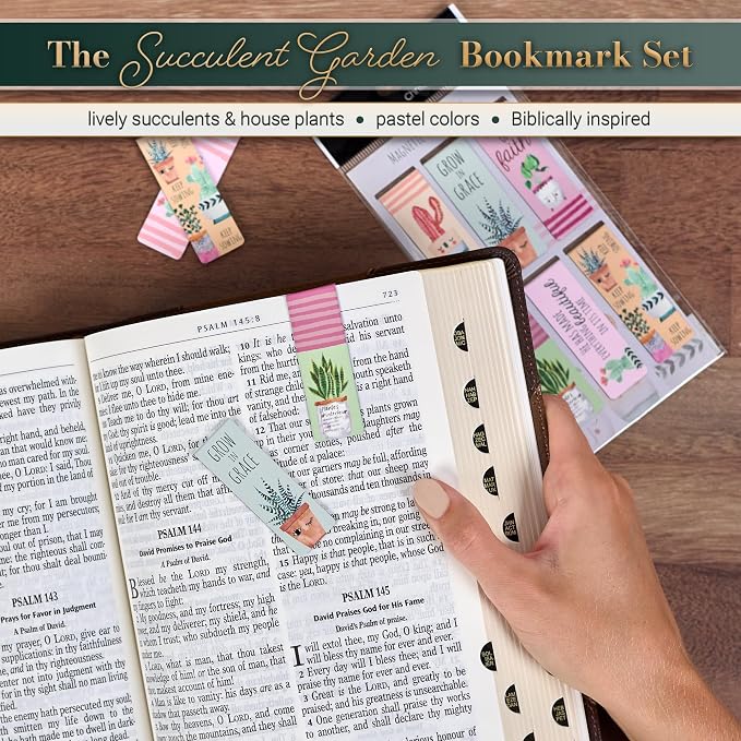 Christian Art Gifts Magnetic Scripture Bookmark Set for Women: Grow in Grace -2 Peter 3:18 Inspirational Succulent Garden Magnetic Bible Verse Pagemarker Set of 6 for Bibles and Books Size 2.3” x 0.8”