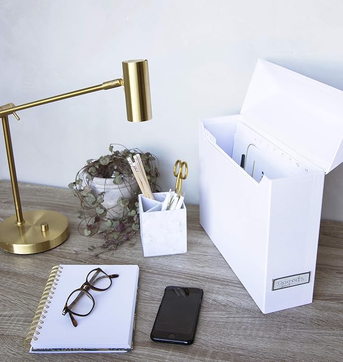 Bigso Lovisa Fiberboard Label Frame 12 File Storage Box | Document Organizer for Important Paperwork | Durable Hanging File Box with a Flip Top Lid & Metal Label Window | 3.7” x 13” x 9.4” | White
