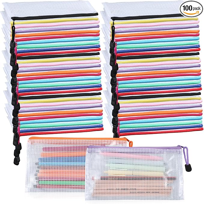 Giantree 100 Pack Mesh Zipper Pencil Pouch Bulk, 9' x 5'' Small Clear Pencil Cases Pouch Multipurpose Cosmetics Toiletry Bags for School Supplies File Travel Stationery Storage Organizing