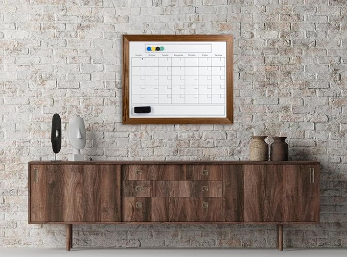 Large Magnetic Dry Erase Whiteboard Calendar with Real Wooden Frame, Large 24" x 30" Size, Wall Mount, Includes 4 Assorted Color Markers, Eraser and 4 Magnets, by Better Office Products (Rustic Brown)