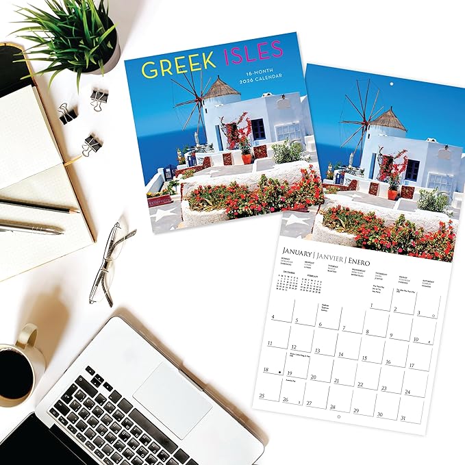 Graphique 2026 Greek Isles Wall Calendar | 12” x 12” | Thick Paper | Home & Office Organizer | Large Monthly Grid | 3 Languages & Marked Holidays | 4 Month Preview Page for 2027