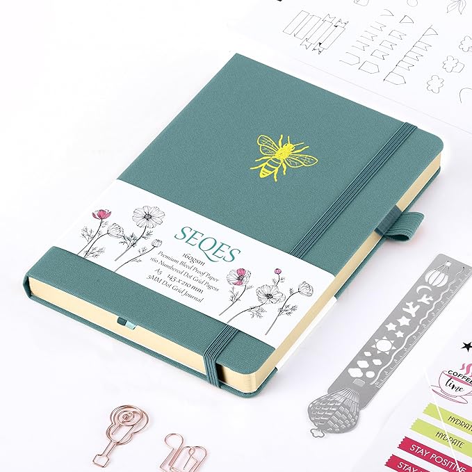A5 Bullet Dotted Journal Notebook | 160gsm Thick Bleedproof Paper, Lay Flat Binding, 160 Numbered Pages | Hard Cover Dot Grid Notebook/Bullet Journals for Creatives & Professionals-BEE
