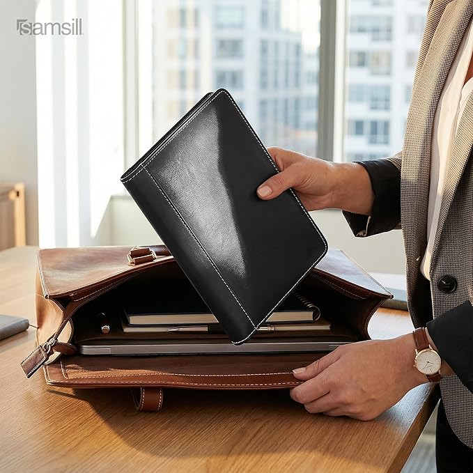 Samsill Contrast Stitch Faux-Leather Portfolio, Mini Size Business Interview Professional Padfolio, Includes 5 x 8 Inch Writing Pad, Black
