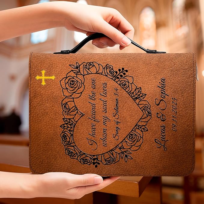 Personalized Bible Cover for Men, Christian Bible Case PU Leather, Jeus Bags Religious Appreciation Gifts for Women Girls Daughter Christian with Handle Zipper (BIBLE-05, M-2Xl)