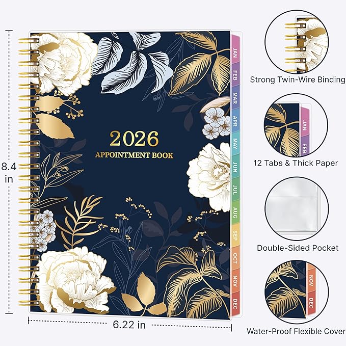 2026 Appointment Book, 30 Minutes-Hourly, Weekly ＆ Monthly Calendar Planner 2026, Jan 2026 - Dec 2026, 6.2'' x 8.4'', 2026 Daily Planner with Tabs ＆Pocket, Flexible Cover, Great for Office, Home, School