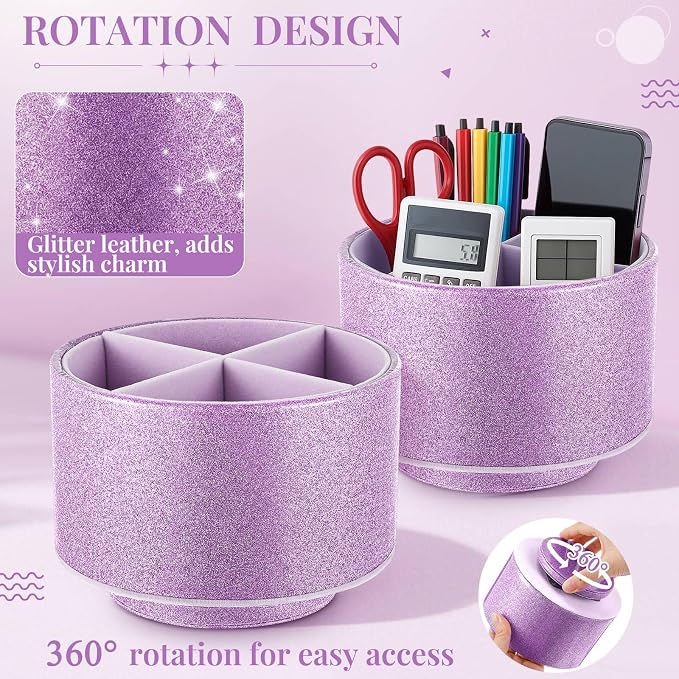 Epakh PU Leather Glitter Pen Holder 360 Degree Spinning Purple Bling Pencil Cup Gift for Teacher Women Girls Makeup Brush Organizer Cup Desk Office Classroom Home Back to School Festival (6 Inch)