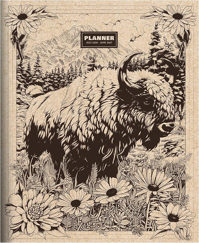 TF Publishing July 2026 - June 2027 Wild Bison Large Monthly Planner with Thick Paper - 12 Month Academic Planner 2026-2027 with 2-Page Spreads, Large Calendar Grids and Prompts - 9 in x 11 in
