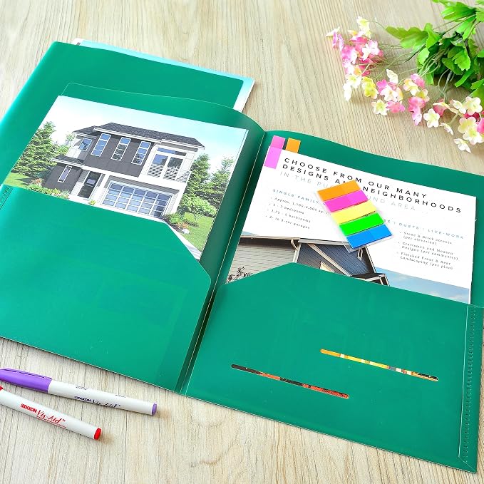 Youngever 6 Pack Heavy Duty Plastic Two Pocket Folders, Heavy Duty Plastic 2 Pocket Folder (Green)
