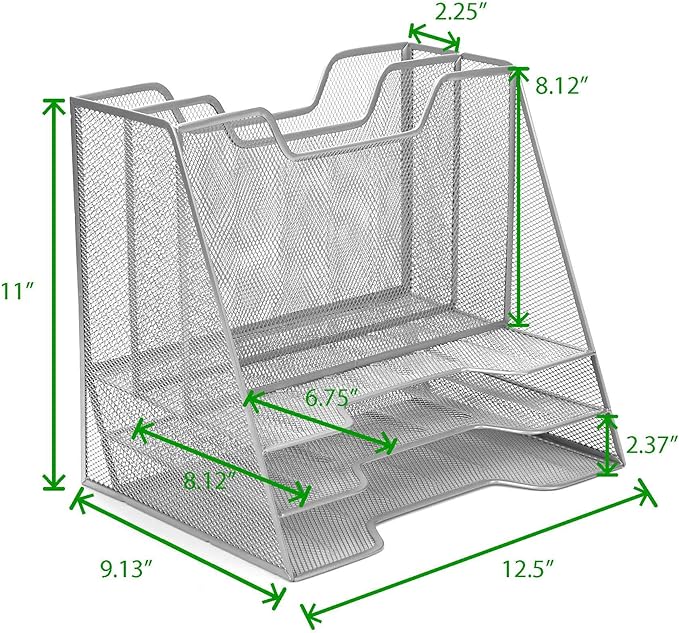 Mind Reader Metal Mesh Desktop File Organizer, 3-Tier Paper Tray with 5 Compartments, Office Mail Sorter, Silver