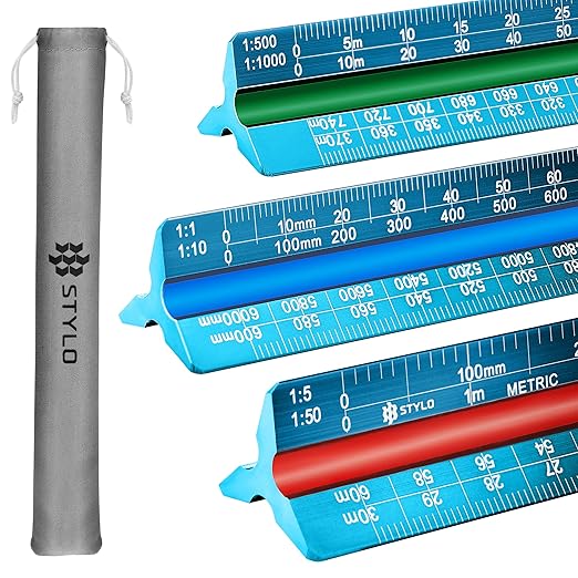 12" Aluminum Architect Scale Ruler Laser Etched Triangle Drafting Ruler, Color Coded Grooves for Blueprint, Drafting and Drawing, Architectural Scale Ruler for Blueprints (Light Blue, Metric Units)