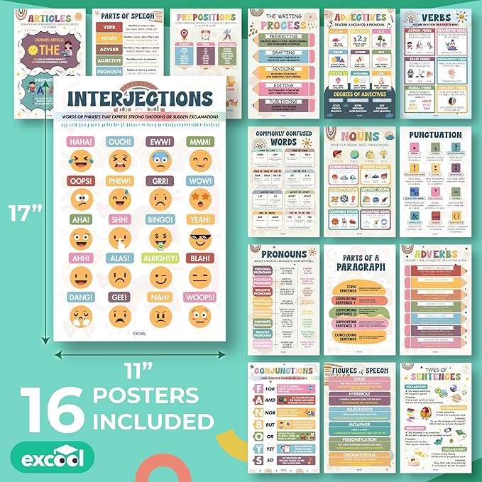 EXCOOL CLUB Boho Parts Of Speech Posters For Classroom Decor - 16 English Grammar Posters For Elementary, Ela Poster For Middle School Classroom Must Haves, Language Arts Teacher Supplies (11x17')
