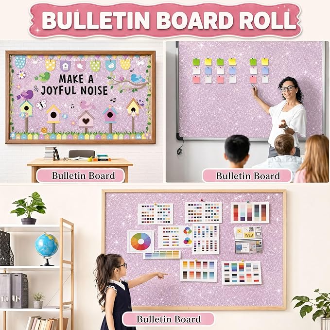 16" × 30ft Pink Glitter Bulletin Board Roll Reusable Board Background Paper Wallpaper DIY Art Crafts Poster Paper Classroom Bulletin Board Decor for School Office Arts Crafts Home Wall Decor Supplies