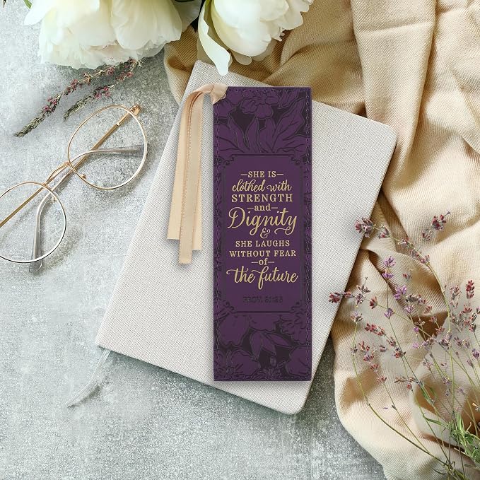 Christian Art Gifts Premium Vegan Leather Inspirational Scripture Bookmark for Women: Strength & Dignity Encouraging Bible Verse, Heat-Debossed Florals, Satin Ribbon for Books & Bibles, Purple & Gold