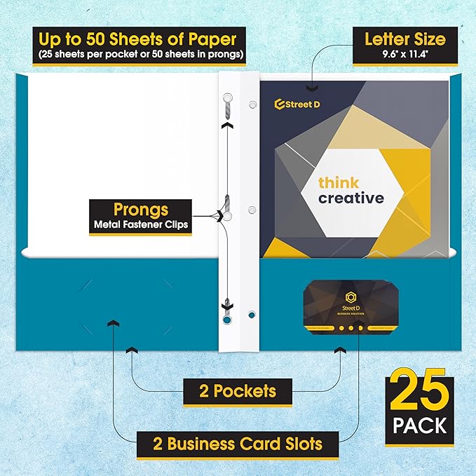 2 Pocket Portfolio Folders with Prongs (Metal Fastener Clips), 25 Pack, Cool Trendy Colors, Fits Letter Size Paper, for School, Office, Home, Matte Finish (Electric Blue)