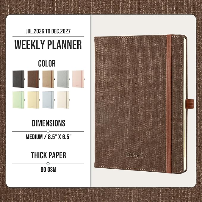 Planner 2026-2027 Weekly & Monthly Planner with Hourly Time Slots, 18 Month Academic Calendar July 2026 – Dec 2027, Vertical Layout, Monthly Tabs, Textured Fabric Hardcover, Coffee