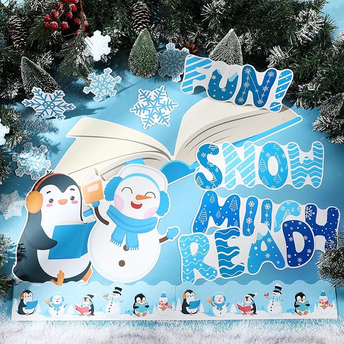 TaoBary 73 Pcs Winter Snowflake Bulletin Board Set Snowflake Penguin Snowman Umbrella Cutouts Learning is Snow Much Fun Bulletin Board Decorations for School Home Chalkboard Wall Decor (Cute)