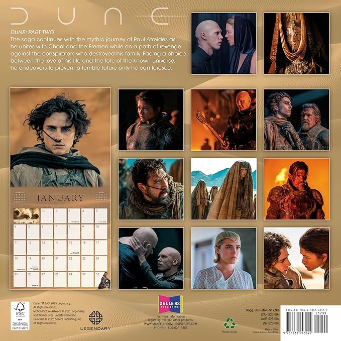 Dune 2026 Wall Calendar, 12-Month Sci-Fi Fantasy Movie Art Calendar, 12" x 12", 2026 Wall Planner and Organizer with Large Grids for Home or Office, Epic Sci-Fi Art