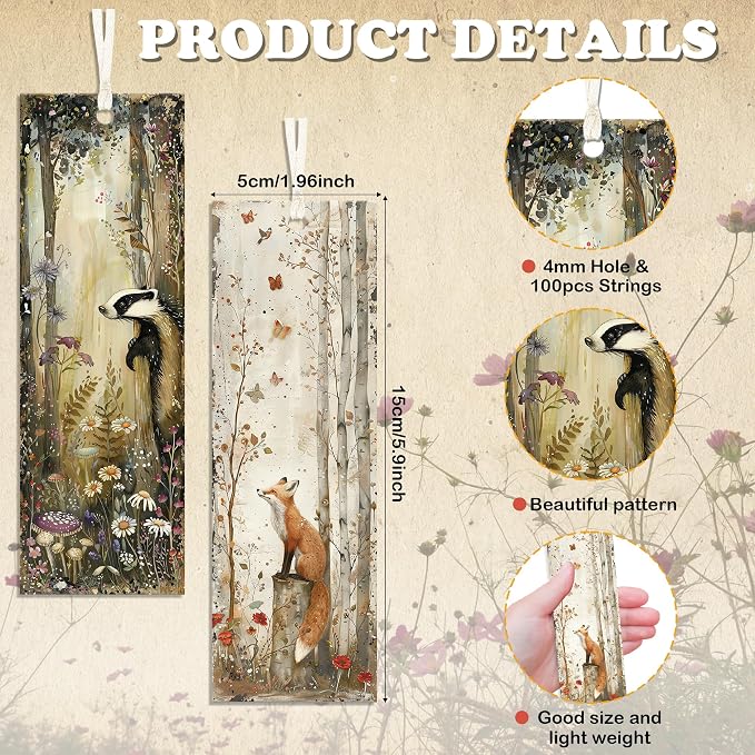 Forest Animals Bookmarks, 100 Pcs Double-Sided Bulk Paper Book Marks with 4mm Hole & Strings, Nature Illustration Reading Accessories for Women and Book Lovers