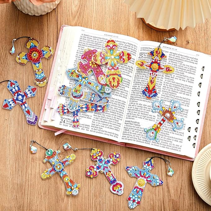 Tenceur 12 Pcs Diamond Painting Bookmarks Vbs 2026 Crafts Gifts 5d Diamond Art Bookmark Kits Rhinestone Bookmark for Sunday School Craft Kit and Christian DIY Arts(Stylish Cross)