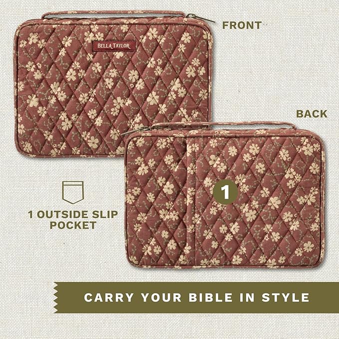 Bella Taylor Small Bible Cover for Women - Quilted Cotton Bible Case for 6 x 9 inch Books - Burgundy Floral