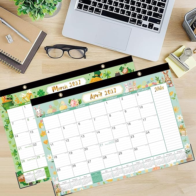 Desk Calendar 2026-2027, Large 21-Month Desk/Wall Calendar, Apr 2026 - Dec 2027, 17" x 12", Thick Paper, Large Blocks, Plastic Cover, Monthly Calendar for Home School & Office Easy Organizing