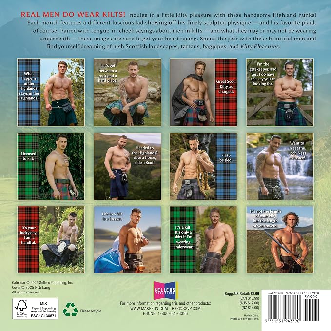 Kilty Pleasures 2026 Mini Wall Calendar: Funny Scottish Humor Calendar with Handsome Men in Kilts & Highland Plaid, 7" x 7"