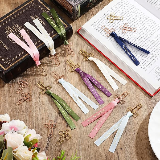 Resurhang 80 Pack Heart Cross Paper Clips with Ribbons 40 Gold, Rose Gold Bible Paper Clips 40 Christian Bookmark Ribbons Bible Study Journaling Supplies Easter Eggs Fillers Women Christian Gifts